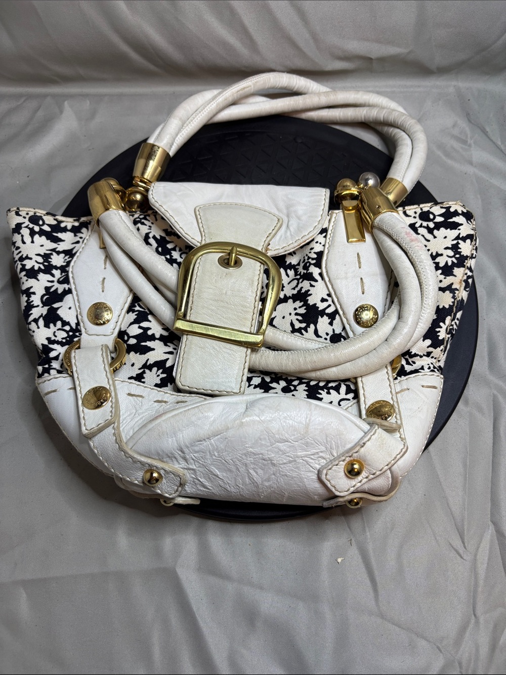 Coach White and Black Floral Shoulder Bag with Gold Hardware